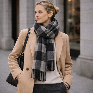 Tommy Hilfiger Gray Plaid Scarf – One Size – Classic Neutral Style